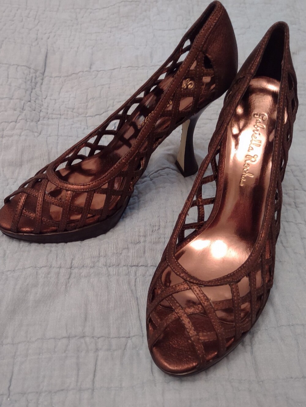 Gabriella Rocha Bronze Cage Peep-Toe Heels